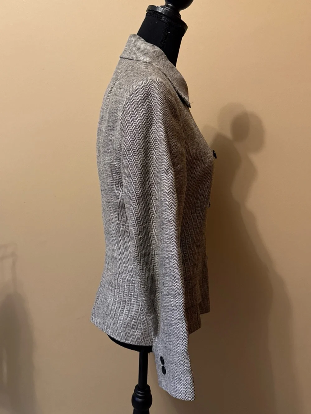 Donna Karan Gray Double-Breasted 100% Linen Herringbone Blazer